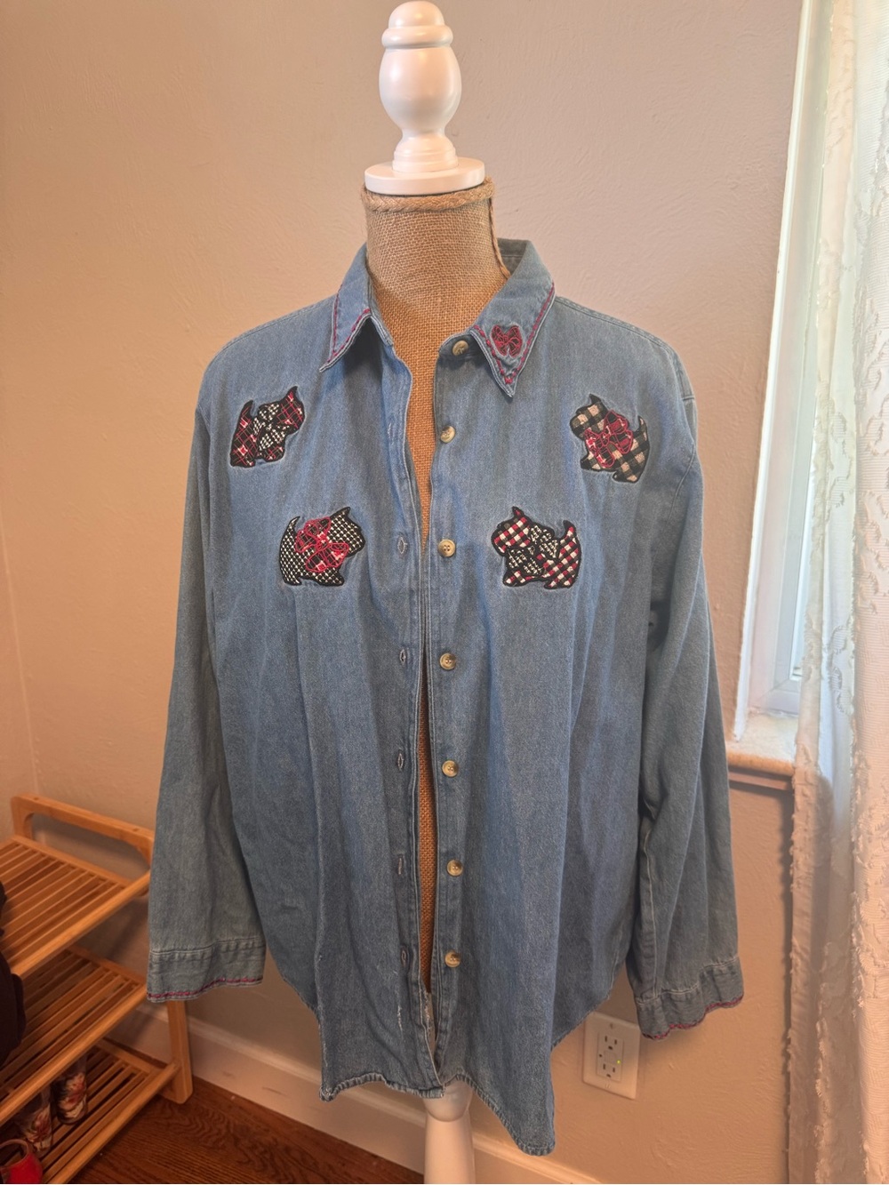Women’s Denim Button-Up Shirt Jacket with Plaid Dogs